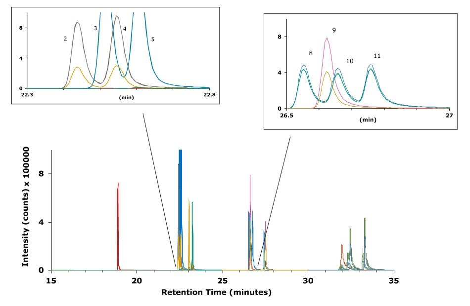 A chromatogram from a GC-MS/MS analysis, displaying the retention times and intensities of a mixture of 19 polycyclic aromatic hydrocarbons (PAHs). The x-axis represents retention time in minutes, ranging from 15 to 35 minutes, while the y-axis represents intensity, labeled as counts multiplied by 100,000. The chromatogram features multiple colored peaks, each corresponding to a specific compound and MRM transition. Key regions of interest are magnified in two insets, highlighting distinct peaks between 22.3 and 22.8 minutes and between 26.5 and 27 minutes. Peaks in the lower main plot are color-coded, including a tall red peak around 19 minutes and a cluster of overlapping peaks in blue, green, yellow, and pink around 30 minutes. The first inset highlights peaks labeled as compounds such as Benz[a]anthracene, Chrysene-d12 (IS), Chrysene, and Benz[a]anthracene-d12 (IS), with curves in blue, yellow, red, and other shades. The second inset shows additional peaks corresponding to Benzo[b]fluoranthene, Benzo[b]fluoranthene-d12 (IS), Benzo[k]fluoranthene, and Benzo[j]fluoranthene, with overlapping lines in pink, green, yellow, and blue. The background is white, and the magnified areas are connected to their corresponding regions in the main chromatogram with black lines for clarity.