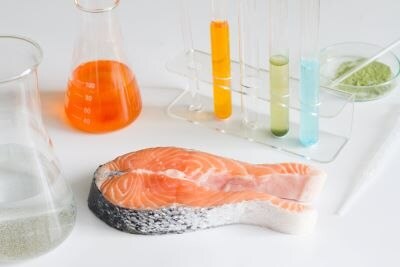 A raw salmon fillet on a white surface surrounded by scientific glassware containing substances of different colors