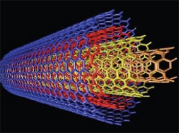 A 3D cylindrical structure composed of hexagonal patterns in blue, red, yellow, and orange colors, representing multi-walled carbon nanotubes. The background is black, enhancing the visibility of the intricate design.