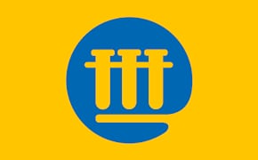 A blue circle with three test tubes icon in its center on a yellow background.