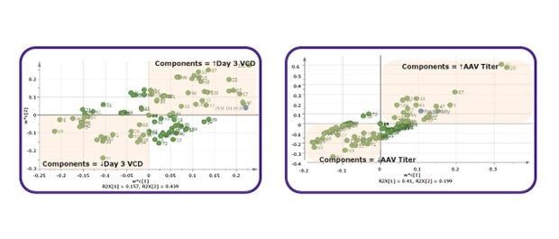 Charts showing cell viability and AAV2 productivity performance