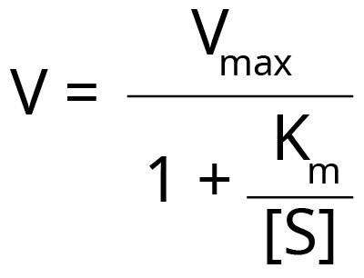 The equation to show the relationship between reaction velocity (V) and Km. V equals Vmax divided by 1 plus Km divided by the concentration of S.