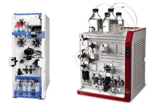 AKTAxpress single (left) and AKTA pure chromatography systems.