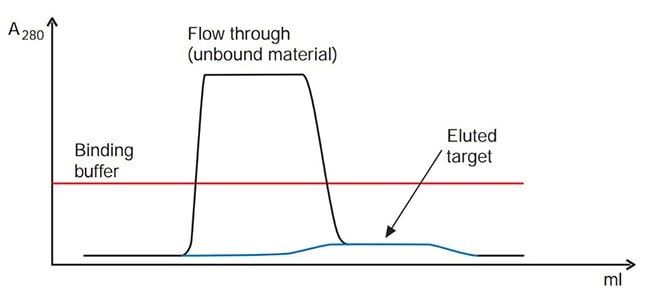 Target is a broad, low peak that elutes while binding buffer is being applied