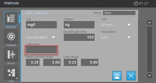 The screen of the Spectroquant® Prove 100 spectrophotometer, illustrating the second step in programming a user-defined method. Four options are presented in columns on the left: Methods, Settings, Ad hoc, and ADA, each accompanied by its respective icon. Currently, the "Methods" option is selected, and the screen displays a pop-up titled "Edit Method," prompting the user to input details such as unit, concentration, citation, and wavelength. Additionally, there are options to enter cell and resolution information via dropdown menus. Under the concentration section, details required include calibration, measurement range, and user range. At the bottom right of the pop-up, there are two blue-colored buttons—one with a cross mark and the other with a floppy disk icon.