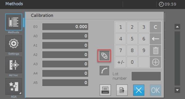 The screen of the Spectroquant® Prove 100 spectrophotometer, demonstrating the second step in programming a user-defined method. Four options are presented in columns on the left: Methods, Settings, Ad hoc, and ADA, each with its respective icon. Currently, the calibration screen is open, prompting the user to enter details for calibration A0, A1, A2, A3, A4, and A5. On the right side, a number pad is provided to input numbers into the required fields. Additionally, there is an entry field for the Lot number. At the bottom right corner, four options are arranged in a row: two blue buttons with icons of a cross and OK, and on the left of these, two grey icons.