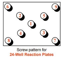 A screw pattern for 24-Well Reaction Plates. The image shows a rectangular outline with eight circles arranged in two columns and four rows inside it. Each circle represents a well and is numbered from 1 to 9 in red, indicating the order of screwing or unscrewing for reaction plates. The numbers are not in a sequential pattern but are placed seemingly at random to ensure proper tightening sequence.