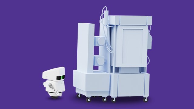 A 3D illustration of a white, modern medical imaging machine against a purple background. To the left is a small robot with green lights