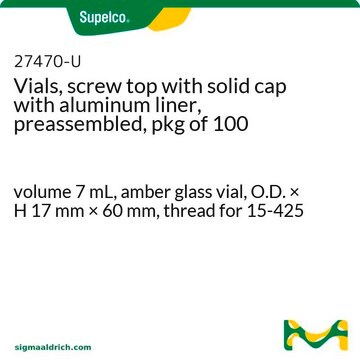 Vials, screw top with solid cap with aluminum liner, preassembled, pkg of 100 volume 7&#160;mL, amber glass vial, O.D. × H 17&#160;mm × 60&#160;mm, thread for 15-425