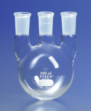 Pyrex&#174; round-bottom vertical three neck distilling flask, with 24/40 joints capacity 5,000&#160;mL