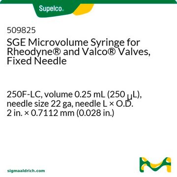 SGE社微量シリンジ、Rheodyne&#174;およびValco&#174; バルブ用、固定針型 250F-LC, volume 0.25&#160;mL (250&#160;&#956;L), needle size 22 ga, needle L × O.D. 2&#160;in. × 0.7112&#160;mm (0.028&#160;in.)