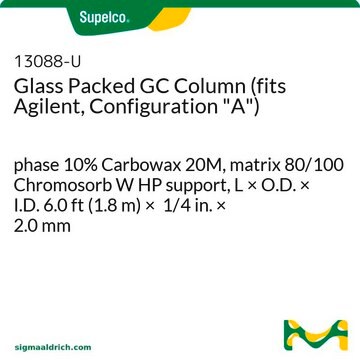 Glass Packed GC Column (fits Agilent, Configuration "A") phase 10% Carbowax 20M, matrix 80/100 Chromosorb W HP support, L × O.D. × I.D. 6.0&#160;ft (1.8&#160;m) × 1/4&#160;in. × 2.0&#160;mm