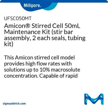 Amicon&#174; Stirred Cell 50mL Maintenance Kit (stir bar assembly, 2 each seals, tubing kit) This Amicon stirred cell model provides high flow rates with solutions up to 10% macrosolute concentration. Capable of rapid concentration, or salt removal followed by concentration in the same unit.