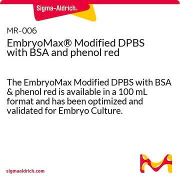 EmbryoMax&#174; Modified DPBS with BSA and phenol red The EmbryoMax Modified DPBS with BSA &amp; phenol red is available in a 100 mL format and has been optimized and validated for Embryo Culture.