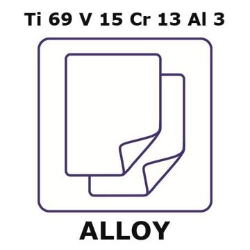 Titanium-vanadium-chromium-aluminum alloy, Ti69V15Cr13Al3 foil, 50 x 50mm, 0.038mm thickness, annealed, light tight (lt)