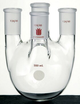 Synthware&#8482; four-neck round-bottom flask with vertical side necks capacity 500&#160;mL, center joint: ST/NS 24/40, side joint: ST/NS 24/40