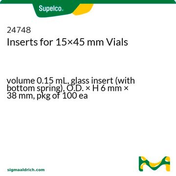 Inserts for 15×45 mm Vials volume 0.15&#160;mL, glass insert (with bottom spring), O.D. × H 6&#160;mm × 38&#160;mm, pkg of 100&#160;ea