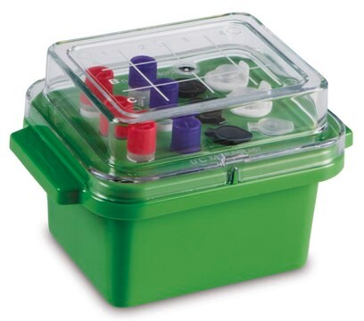 TrueNorth&#174; Mini Cooler for tubes, 0.5 &#8209; 2&#160;mL, with clear lid, temp. limit 0 °C, size 12&#160;wells, green polycarbonate