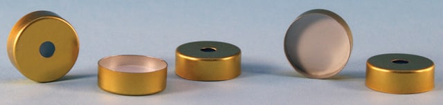 Crimp seals (magnetic) with PTFE/silicone septa, pkg/100 gold seal (magnetic, with 8&nbsp;mm center hole), PTFE/silicone (blue PTFE/white silicone), diam. × thickness 20&#160;mm × 1.5&#160;mm, open center