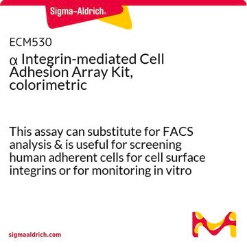 &#945; Integrin-mediated Cell Adhesion Array Kit, colorimetric This assay can substitute for FACS analysis &amp; is useful for screening human adherent cells for cell surface integrins or for monitoring in vitro cell differentiation or genetic modification of cells.