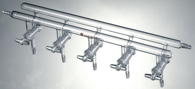 Synthware&#8482; all-glass vacuum/inert gas manifold with hollow high vacuum stopcocks number of ports, 4, Hose Connections: Front-left, Rear-right