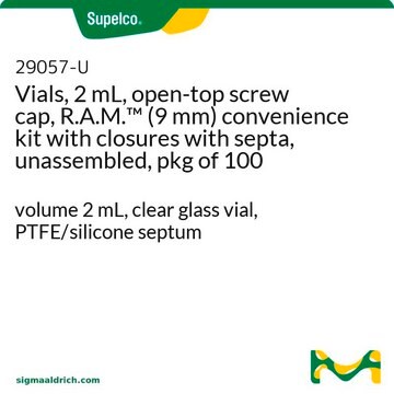 Vials, 2 mL, open-top screw cap, R.A.M.&#8482; (9 mm) convenience kit with closures with septa, unassembled, pkg of 100 volume 2&#160;mL, clear glass vial, PTFE/silicone septum