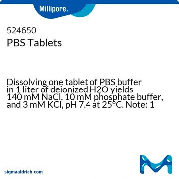 PBS Tablets Dissolving one tablet of PBS buffer in 1 liter of deionized H2O yields 140 mM NaCl, 10 mM phosphate buffer, and 3 mM KCl, pH 7.4 at 25&#176;C. Note: 1 each = 10 tablets.