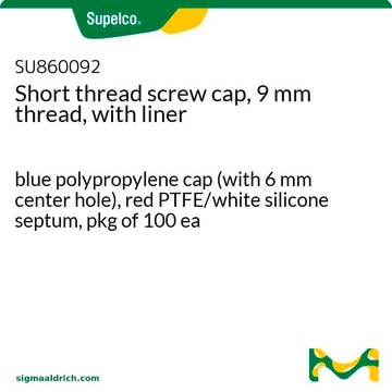 ショートスレッドスクリューキャップ, 9 mmスレッド, ライナー付き blue polypropylene cap (with 6 mm center hole), red PTFE/white silicone septum, pkg of 100&#160;ea