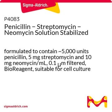 Penicillin &#8722; Streptomycin &#8722; Neomycin Solution Stabilized formulated to contain ~5,000 units penicillin, 5 mg streptomycin and 10 mg neomycin/mL, 0.1 &#956;m filtered, BioReagent, suitable for cell culture