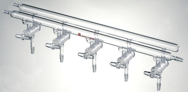 Synthware&#8482; all-glass vacuum/inert gas manifold with solid high vacuum stopcocks number of ports, 5, Hose Connections: Front-left-right, Rear-left