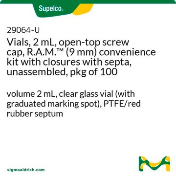 Vials, 2 mL, open-top screw cap, R.A.M.&#8482; (9 mm) convenience kit with closures with septa, unassembled, pkg of 100 volume 2&#160;mL, clear glass vial (with graduated marking spot), PTFE/red rubber septum