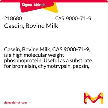 Casein, Bovine Milk Casein, Bovine Milk, CAS 9000-71-9, is a high molecular weight phosphoprotein. Useful as a substrate for bromelain, chymotrypsin, pepsin, trypsin, and other proteases.