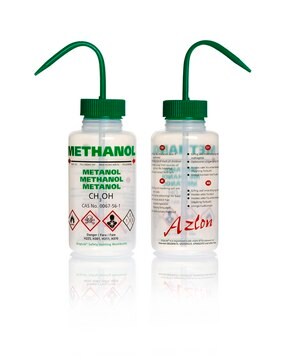 Azlon&nbsp;Multi-Lingual Safety Wash Bottles With Driplok Vapor Venting label, Methanol (in Norwegian, Danish, Swedish, English), capacity 500&#160;mL