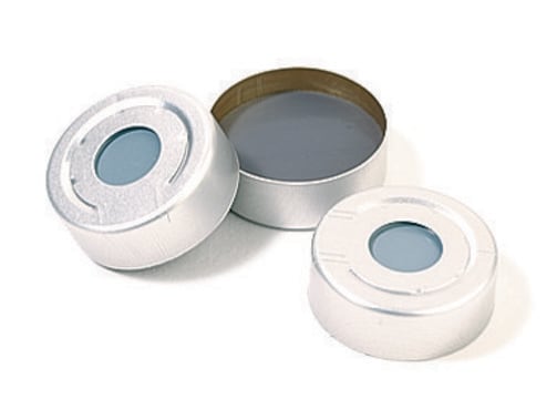 Aluminum crimp seal (without septum), silver aluminum pressure release, diam. × opening 20&#160;mm × 8&#160;mm, pkg of × 100&#160;ea