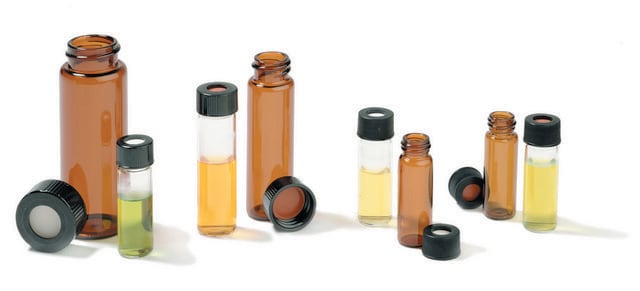 Vials, screw top with polypropylene open-top cap, pre-assembled, pkg of 100 volume 15&#160;mL, amber glass vial, O.D. × H 21&#160;mm × 70&#160;mm, PTFE/silicone septum