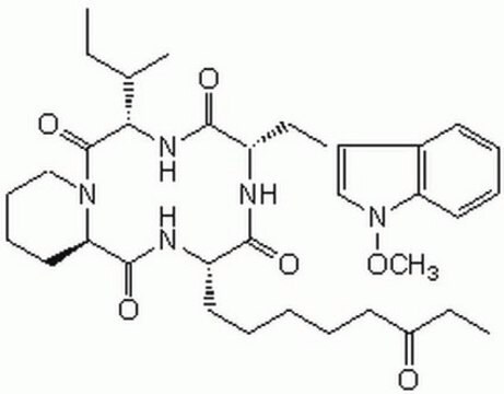 Apicidin, Fusarium sp. A potent, cell-permeable inhibitor of histone deacetylase (IC&#8325;&#8320;= 700 pM for parasitic histone deactetylase) that also exibits antiprotozoal and potential anti-malarial properties.