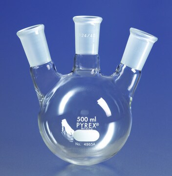 Pyrex&#174; round-bottom three neck angle type distilling flask capacity 500&#160;mL, center joint: ST/NS 24/40, side joint: ST/NS 24/40