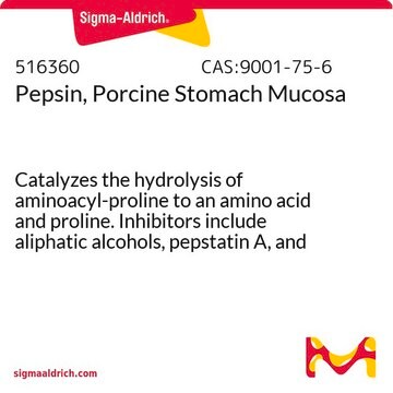 Pepsin, Porcine Stomach Mucosa Catalyzes the hydrolysis of aminoacyl-proline to an amino acid and proline. Inhibitors include aliphatic alcohols, pepstatin A, and pH 6.0.