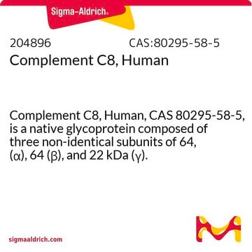 Complement C8, Human Complement C8, Human, CAS 80295-58-5, is a native glycoprotein composed of three non-identical subunits of 64, (&#945;), 64 (&#946;), and 22 kDa (&#947;).