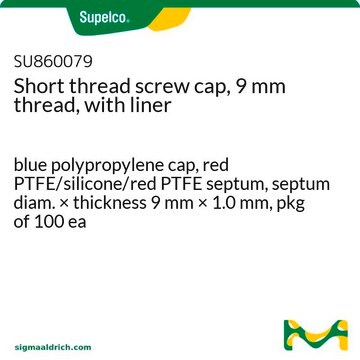 Short thread screw cap, 9 mm thread, with liner blue polypropylene cap, red PTFE/silicone/red PTFE septum, septum diam. × thickness 9&#160;mm × 1.0&#160;mm, pkg of 100&#160;ea