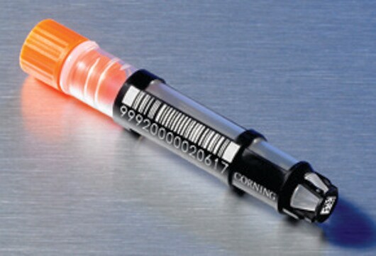 Corning&#174; 96 1D/2D bar coded storage tubes capacity 1.3&#160;mL, with screw caps, racked with cover and orange latches