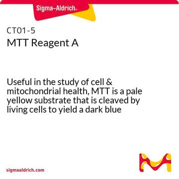 MTT Reagent A Useful in the study of cell &amp; mitochondrial health, MTT is a pale yellow substrate that is cleaved by living cells to yield a dark blue formazan product.