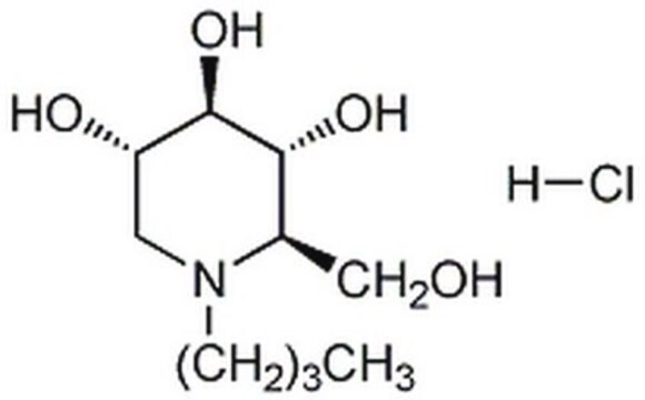 N-Butyldeoxynojirimycin, Hydrochloride A non-hormonal, alkylated iminosugar that acts as a transition state analog inhibitor of ceramide-specific glycosyltransferases and ER &#945;-glucosidases I and II.