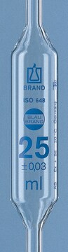 BRAND&#174; BLAUBRAND&#174; bulb pipette, calibrated to deliver (TD, EX) capacity 25&#160;mL, one mark