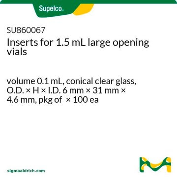 Inserts for 1.5 mL large opening vials volume 0.1&#160;mL, conical clear glass, O.D. × H × I.D. 6&#160;mm × 31&#160;mm × 4.6&#160;mm, pkg of × 100&#160;ea