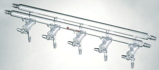 Synthware&#8482; all-glass vacuum/inert gas manifold with solid high vacuum stopcocks number of ports, 4, Hose Connections: Front-left-right, Rear-left-right