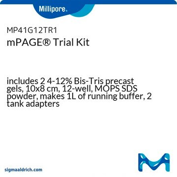 mPAGE&#174; Trial Kit includes 2 4-12% Bis-Tris precast gels, 10x8 cm, 12-well, MOPS SDS powder, makes 1L of running buffer, 2 tank adapters