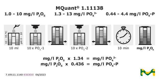 Phosphate Test colorimetric, 1.0-10&#160;mg/L (P2O5), 1.3-13.4&#160;mg/L (PO43-), for use with MCOLORTEST&#174;