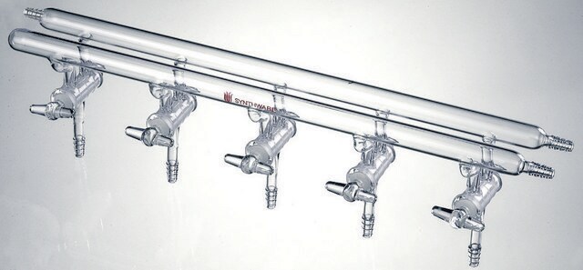 Synthware&#8482; all-glass vacuum/inert gas manifold with solid high vacuum stopcocks number of ports, 5, Hose Connections: Front-right, Rear-left-right