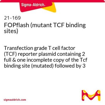 FOPflash (mutant TCF binding sites) Transfection grade T cell factor (TCF) reporter plasmid containing 2 full &amp; one incomplete copy of the Tcf binding site (mutated) followed by 3 copies in the reverse orientation. Serves as a negative control to TOPflash.